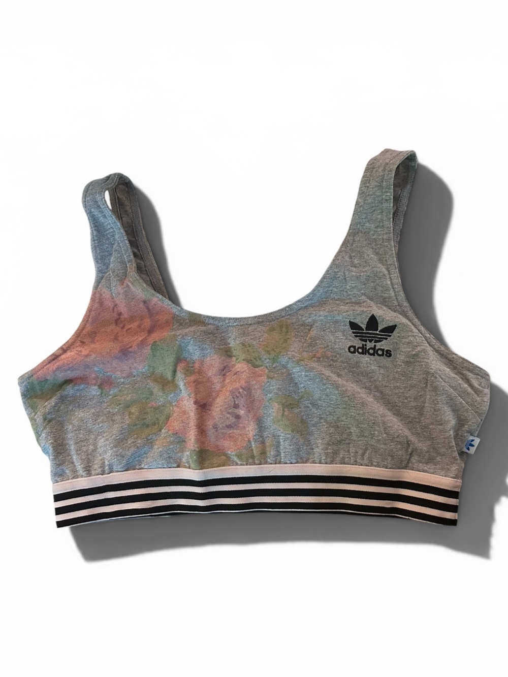 adidas Gray Sports Bra with Pink and Black Striped Band
